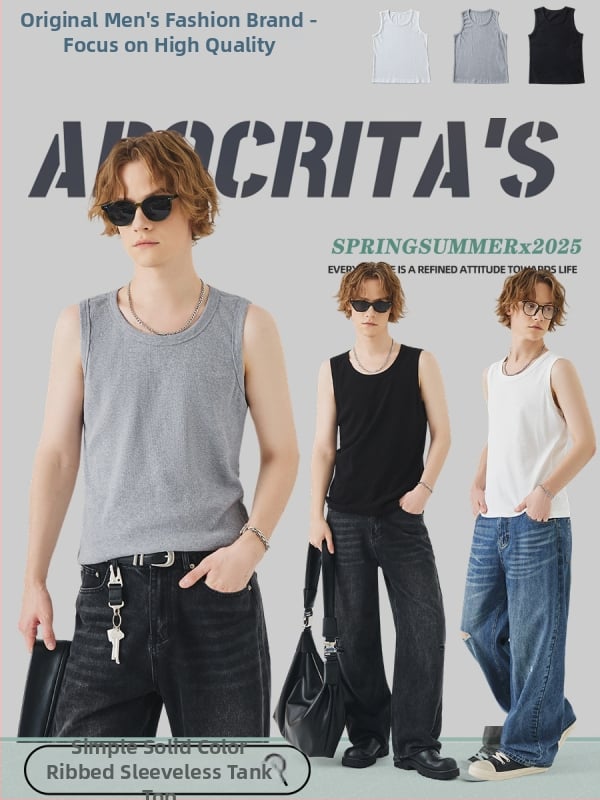 Férfi ujjatlan T-shirt mellény, karcsúsított fazon, minta Solid, anyag: pamutkeverék (96% pamut), Nyár 2025