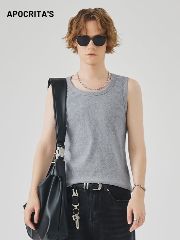 Férfi ujjatlan T-shirt mellény, karcsúsított fazon, minta Solid, anyag: pamutkeverék (96% pamut), Nyár 2025