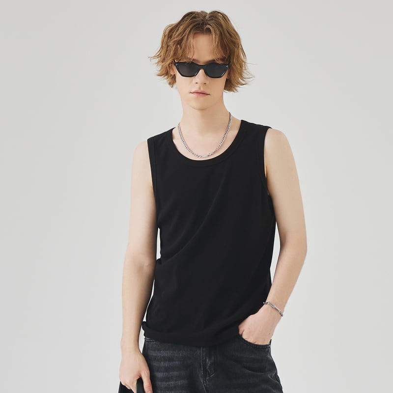 Férfi ujjatlan T-shirt mellény, karcsúsított fazon, minta Solid, anyag: pamutkeverék (96% pamut), Nyár 2025