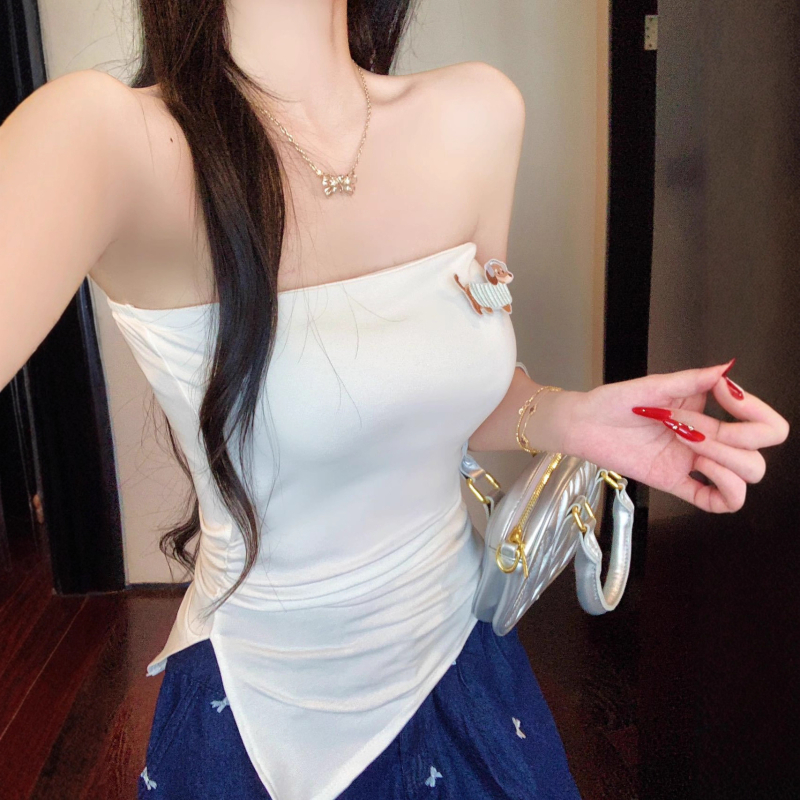 Топ без презрамки, слим фит, къс дизайн, животински принт, вискоза-спандекс смес