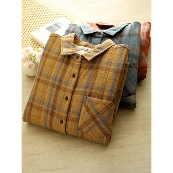 Bluza de damă din bumbac gros cu model în carouri, stil cardigan retro, mâneci lungi, croială lejeră, lavabilă la mașină