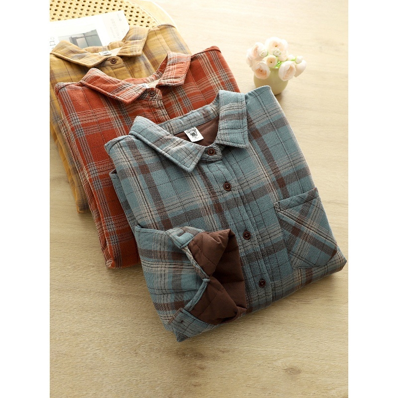 Bluza de damă din bumbac gros cu model în carouri, stil cardigan retro, mâneci lungi, croială lejeră, lavabilă la mașină