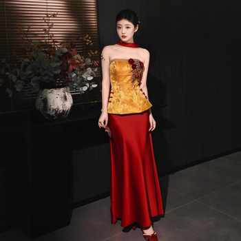 Булчинска рокля с А-образен силует, висока талия, без ръкави, дълга пола