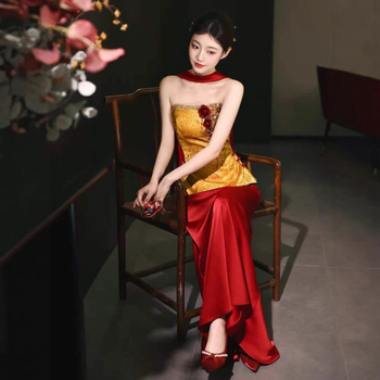 Булчинска рокля с А-образен силует, висока талия, без ръкави, дълга пола