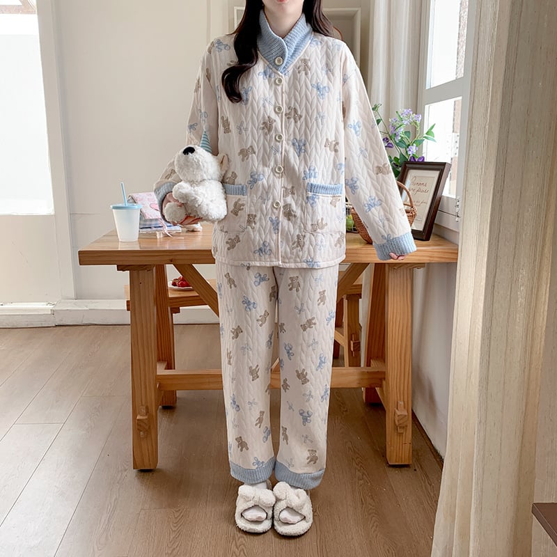 Motinystės pižama dviejų dalių komplektas iš oro medvilnės, storintas ir oversize kirpimas, 3/4 rankovės, be žindymo angos (Žiema 2025)