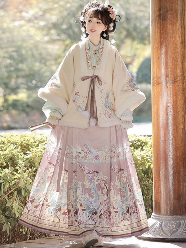 Moterų tradicinis kinų drabužių komplektas siuvinėjimu – trumpas švarkas Ming stiliuje su geometriniu raštu, poliesteris >95%, žieminiai drabužiai