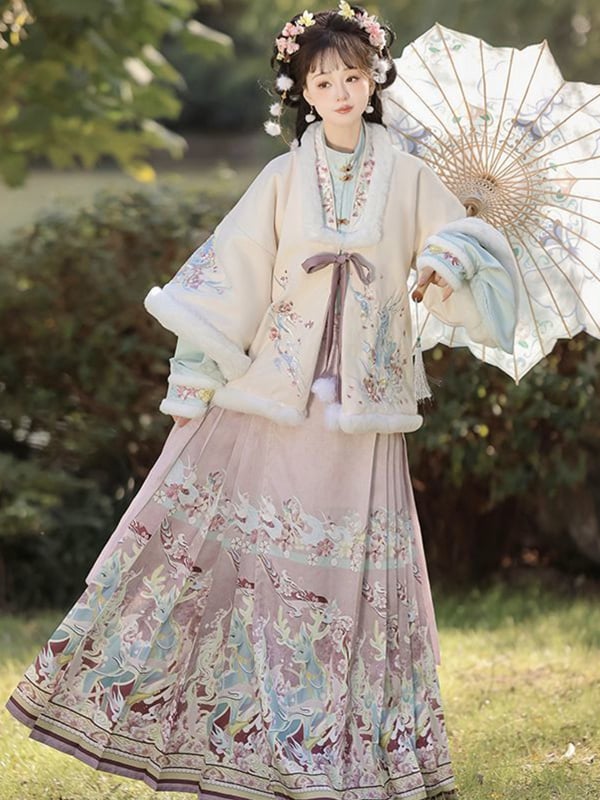 Moterų tradicinis kinų drabužių komplektas siuvinėjimu – trumpas švarkas Ming stiliuje su geometriniu raštu, poliesteris >95%, žieminiai drabužiai