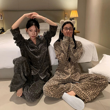Ženski pidžama set s leopard uzorkom, kardigan s ovratnikom, debeli materijal, udoban kroj, za parove