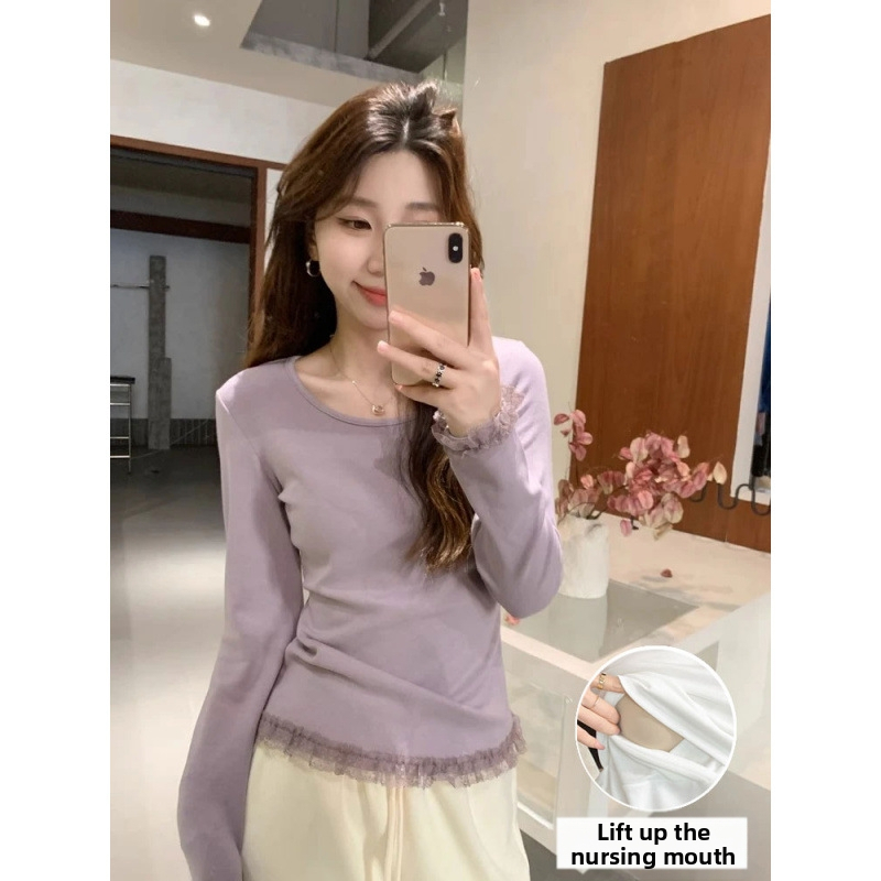 Žindymo marškinėliai su atvartu maitinti, medvilnės mišinio audinys, apvali kaklo linija, ilgos rankovės, rudenį-žiema stilius