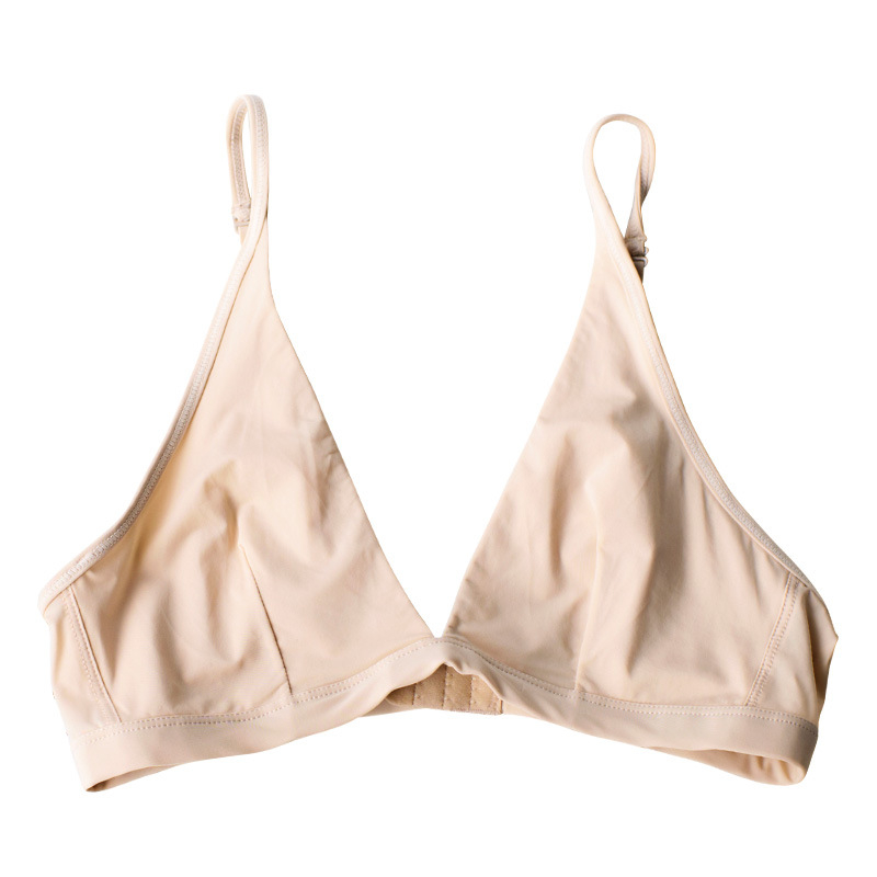 Bevielė liemenėlė su trikampio formos kupšeliais, plonas stilius, blizgantis nailono audinys, fiksuotos dvigubos petnešos (be plieno karkaso)