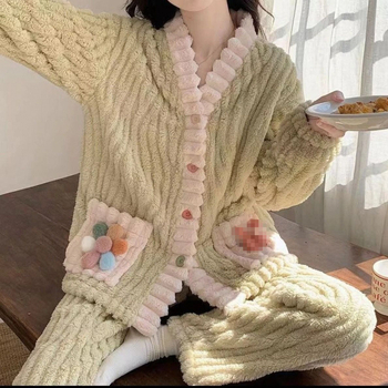 Női flanel anyagú szabadidős készlet: vastag téli kardigán és nadrág, V-nyakú, hosszú ujjú, meleg és lélegző, külső viselésre is alkalmas