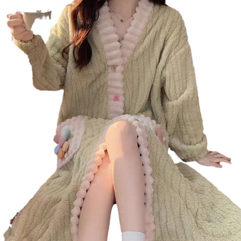 Női flanel anyagú szabadidős készlet: vastag téli kardigán és nadrág, V-nyakú, hosszú ujjú, meleg és lélegző, külső viselésre is alkalmas