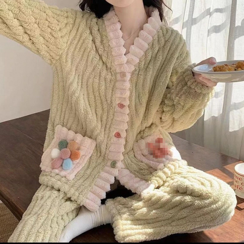 Női flanel anyagú szabadidős készlet: vastag téli kardigán és nadrág, V-nyakú, hosszú ujjú, meleg és lélegző, külső viselésre is alkalmas