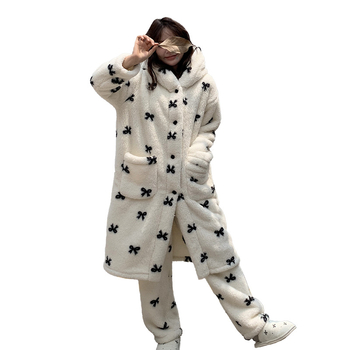 Set de pijamale din fleece coral pentru femei, cu glugă, ultra-gros, top cardigan cu guler înalt, mâneci lungi și pantaloni, model cu buline și dungi orizontale, cald și confortabil