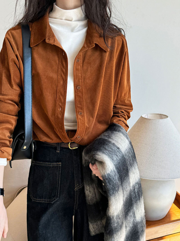 Košulja Corduroy, japanskog stila, dugi rukavi, ovratnik lapel, jednoredno kopčanje