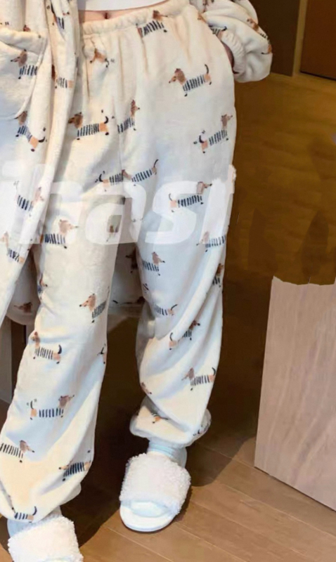 Set pijamale din flanelă cu glugă, imprimeu dachshund desenat, 100% poliester, 251-300 g/m2, mâneci lungi