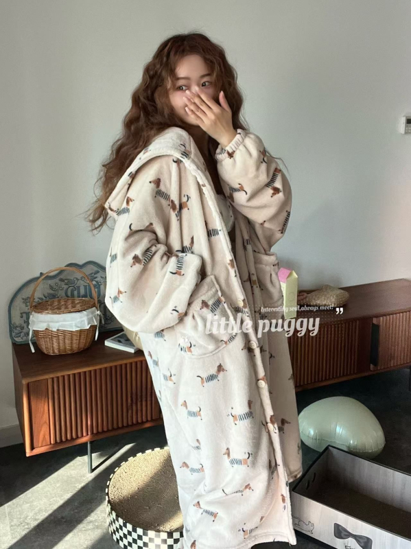 Set pijamale din flanelă cu glugă, imprimeu dachshund desenat, 100% poliester, 251-300 g/m2, mâneci lungi