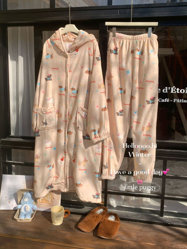 Set pijamale din flanelă cu glugă, imprimeu dachshund desenat, 100% poliester, 251-300 g/m2, mâneci lungi