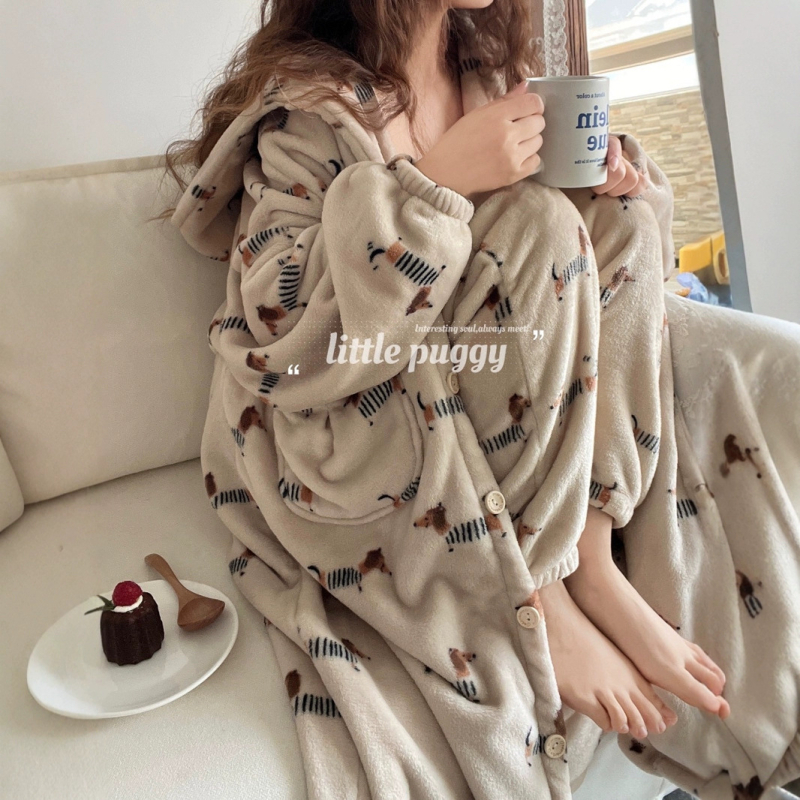 Set pijamale din flanelă cu glugă, imprimeu dachshund desenat, 100% poliester, 251-300 g/m2, mâneci lungi