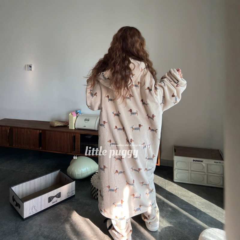 Set pijamale din flanelă cu glugă, imprimeu dachshund desenat, 100% poliester, 251-300 g/m2, mâneci lungi