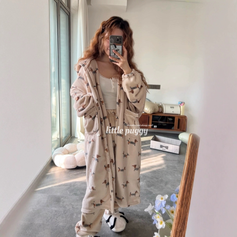 Set pijamale din flanelă cu glugă, imprimeu dachshund desenat, 100% poliester, 251-300 g/m2, mâneci lungi