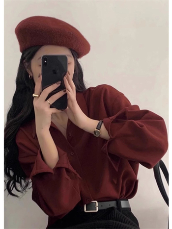 Ženska satenska bluza s dugim rukavima u burgundijskoj boji, jesensko-zimski retro Hongkong stil, slojevito gornje
