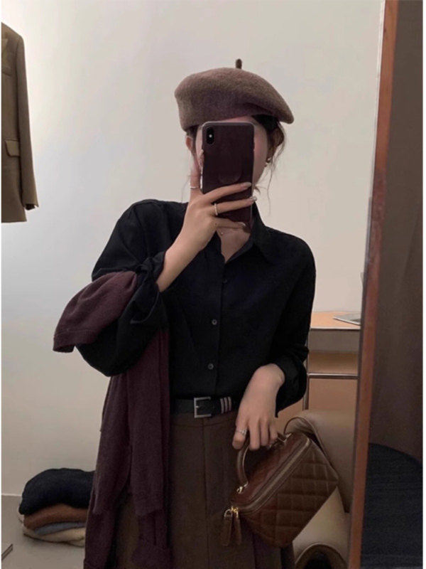 Ženska satenska bluza s dugim rukavima u burgundijskoj boji, jesensko-zimski retro Hongkong stil, slojevito gornje