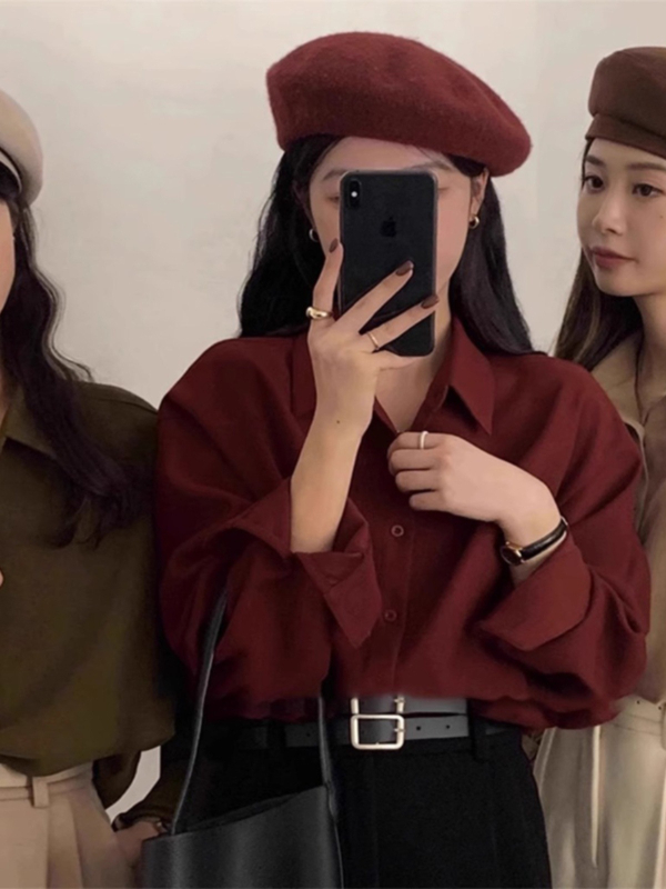 Ženska satenska bluza s dugim rukavima u burgundijskoj boji, jesensko-zimski retro Hongkong stil, slojevito gornje