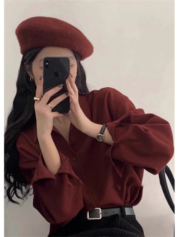 Ženska satenska bluza s dugim rukavima u burgundijskoj boji, jesensko-zimski retro Hongkong stil, slojevito gornje