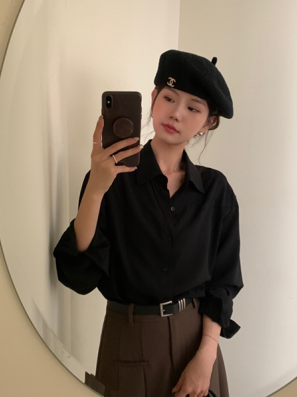Ženska satenska bluza s dugim rukavima u burgundijskoj boji, jesensko-zimski retro Hongkong stil, slojevito gornje