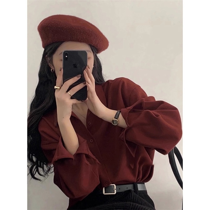 Ženska satenska bluza s dugim rukavima u burgundijskoj boji, jesensko-zimski retro Hongkong stil, slojevito gornje