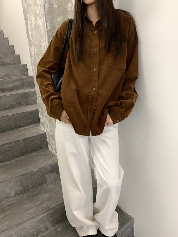 Pamut corduroy ing, egyszínű, laza szabás, hosszú ujjú, gallér, egy sor gombbal záródik