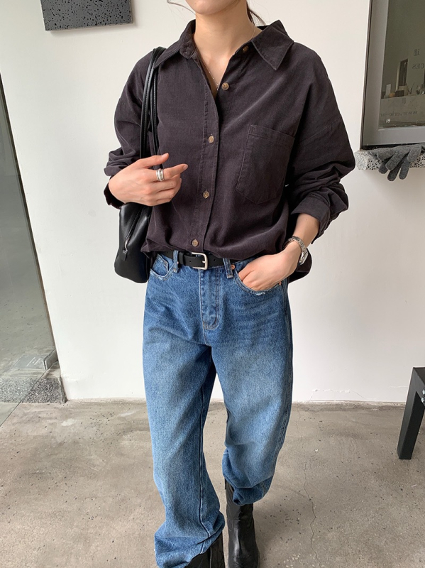 Pamut corduroy ing, egyszínű, laza szabás, hosszú ujjú, gallér, egy sor gombbal záródik