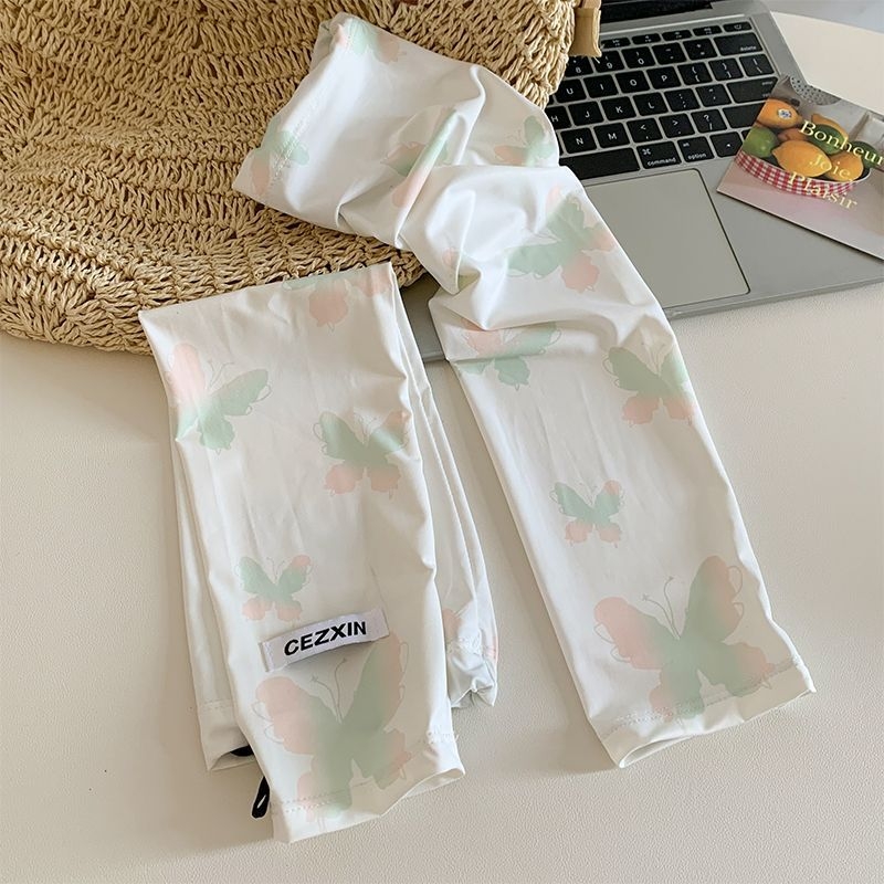 Ženski rukavi od Ice Silk za zaštitu od sunca - gradientni otisak leptira, bez prstiju, udobni i prozračni, za vožnju i biciklizam, ljeto; 100% poliester; porijeklo: Jinhua