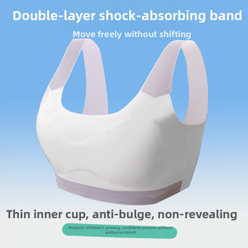 Paauglėms skirtas sportinis liemenėlis-vest, be siūlių, pilnas puodelis su plonu formuojančiu putplasčio užpildymu, poliesteris, fiksuotos petnešėlės, kvėpuojantis ir patogus