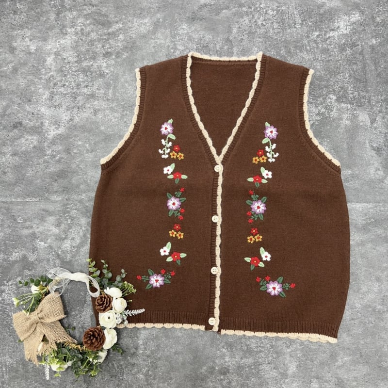 Mori stiliaus mezginė liemenė su gėlių siuvinėjimu, V formos kaklas, 50–65 cm ilgis