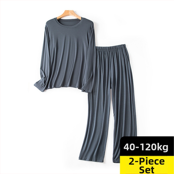 Férfi modal pizsama készlet – hosszú ujjú felső és nadrág, lélegző viszkóz anyag, vékony anyag, kerek nyak.