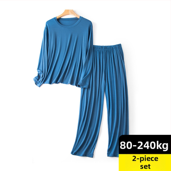 Férfi modal pizsama készlet – hosszú ujjú felső és nadrág, lélegző viszkóz anyag, vékony anyag, kerek nyak.