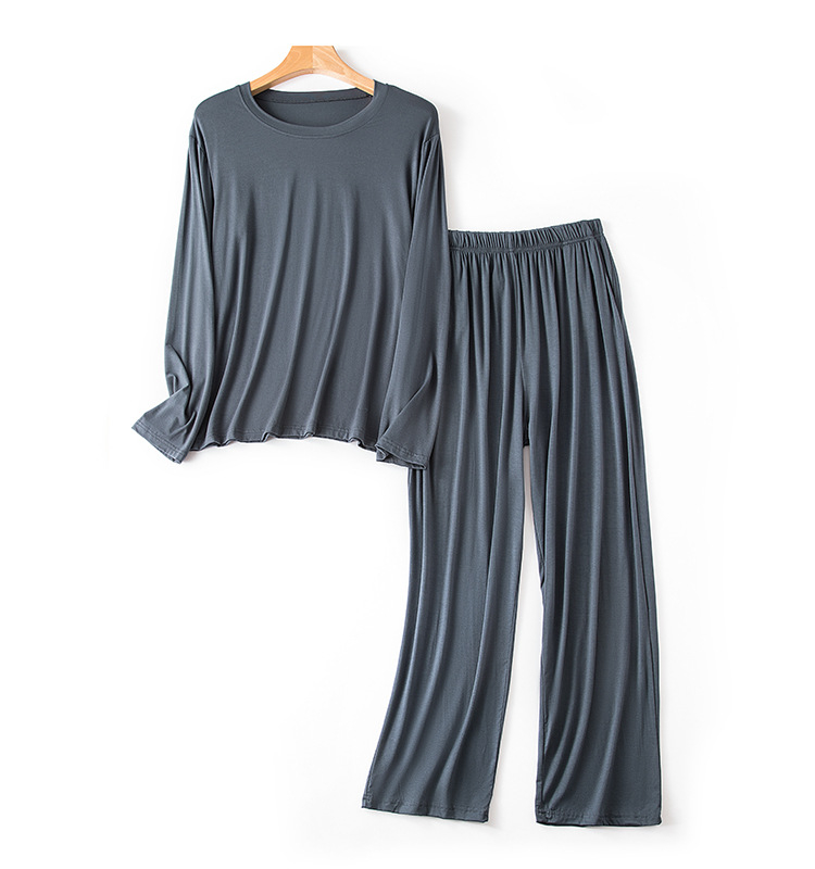 Férfi modal pizsama készlet – hosszú ujjú felső és nadrág, lélegző viszkóz anyag, vékony anyag, kerek nyak.