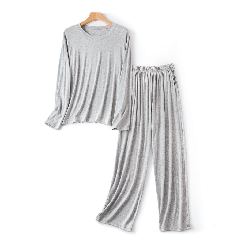 Férfi modal pizsama készlet – hosszú ujjú felső és nadrág, lélegző viszkóz anyag, vékony anyag, kerek nyak.