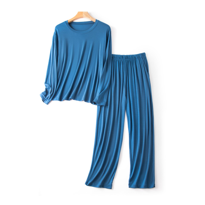 Férfi modal pizsama készlet – hosszú ujjú felső és nadrág, lélegző viszkóz anyag, vékony anyag, kerek nyak.