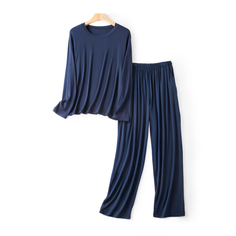 Férfi modal pizsama készlet – hosszú ujjú felső és nadrág, lélegző viszkóz anyag, vékony anyag, kerek nyak.