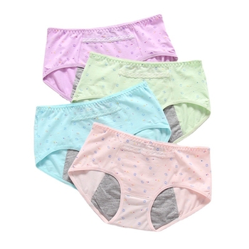 Medvilninės moteriškos menstruacijoms kelnaitės su trim sluoksnių nepralaidžia apsauga nuo pratekėjimo, gyvūnų raštas, vidutinio aukščio liemuo, greitai džiūva