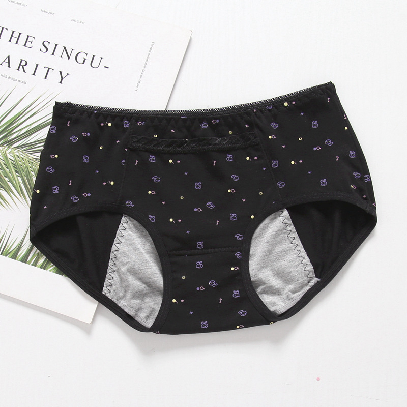 Medvilninės moteriškos menstruacijoms kelnaitės su trim sluoksnių nepralaidžia apsauga nuo pratekėjimo, gyvūnų raštas, vidutinio aukščio liemuo, greitai džiūva