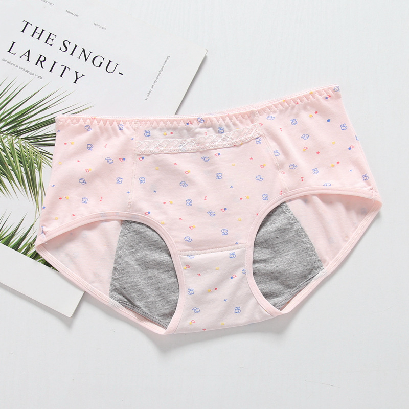 Medvilninės moteriškos menstruacijoms kelnaitės su trim sluoksnių nepralaidžia apsauga nuo pratekėjimo, gyvūnų raštas, vidutinio aukščio liemuo, greitai džiūva