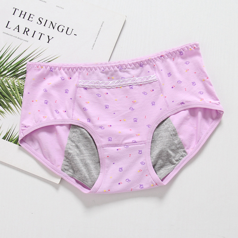 Medvilninės moteriškos menstruacijoms kelnaitės su trim sluoksnių nepralaidžia apsauga nuo pratekėjimo, gyvūnų raštas, vidutinio aukščio liemuo, greitai džiūva