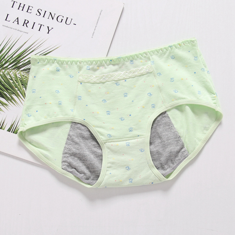 Medvilninės moteriškos menstruacijoms kelnaitės su trim sluoksnių nepralaidžia apsauga nuo pratekėjimo, gyvūnų raštas, vidutinio aukščio liemuo, greitai džiūva