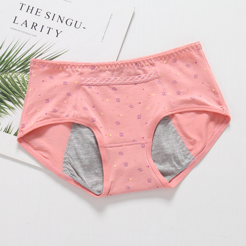 Medvilninės moteriškos menstruacijoms kelnaitės su trim sluoksnių nepralaidžia apsauga nuo pratekėjimo, gyvūnų raštas, vidutinio aukščio liemuo, greitai džiūva