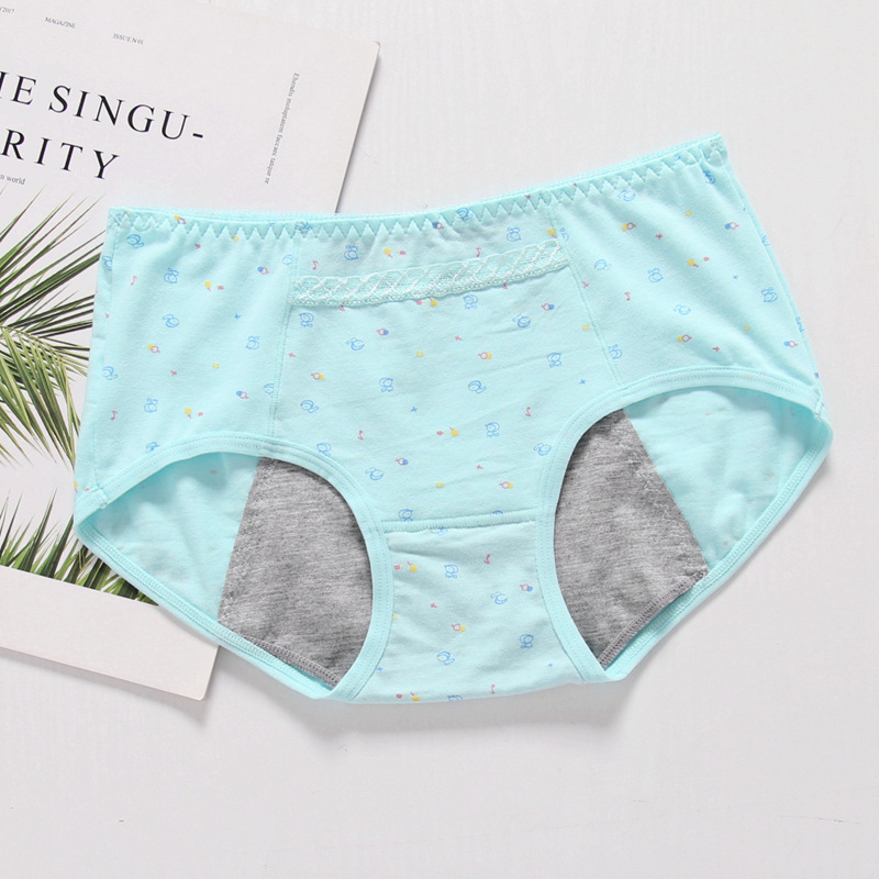 Medvilninės moteriškos menstruacijoms kelnaitės su trim sluoksnių nepralaidžia apsauga nuo pratekėjimo, gyvūnų raštas, vidutinio aukščio liemuo, greitai džiūva