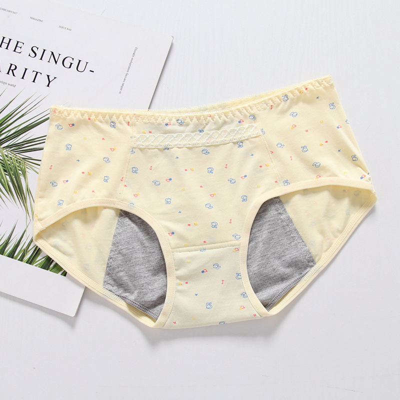 Medvilninės moteriškos menstruacijoms kelnaitės su trim sluoksnių nepralaidžia apsauga nuo pratekėjimo, gyvūnų raštas, vidutinio aukščio liemuo, greitai džiūva